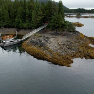 Drone picture looking over boat dock on water