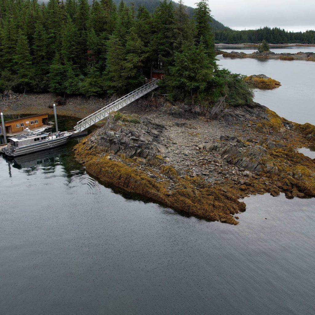 Drone picture looking over boat dock on water